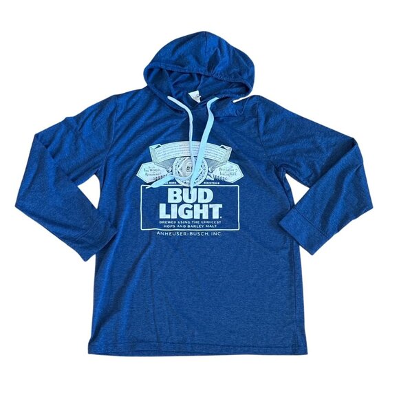 Bud Light Blue Long-Sleeve Hoodie T-Shirt L Cotton Polyester Budweiser Beer - Picture 1 of 6